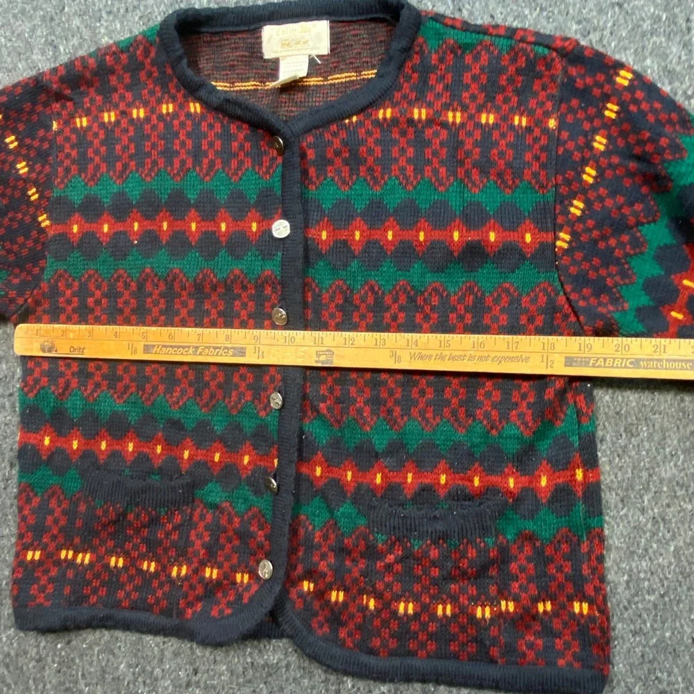 Tally-Ho Vintage Grandmacore Womens PM Fair Isle Geometric Knit Cardigan Sweater